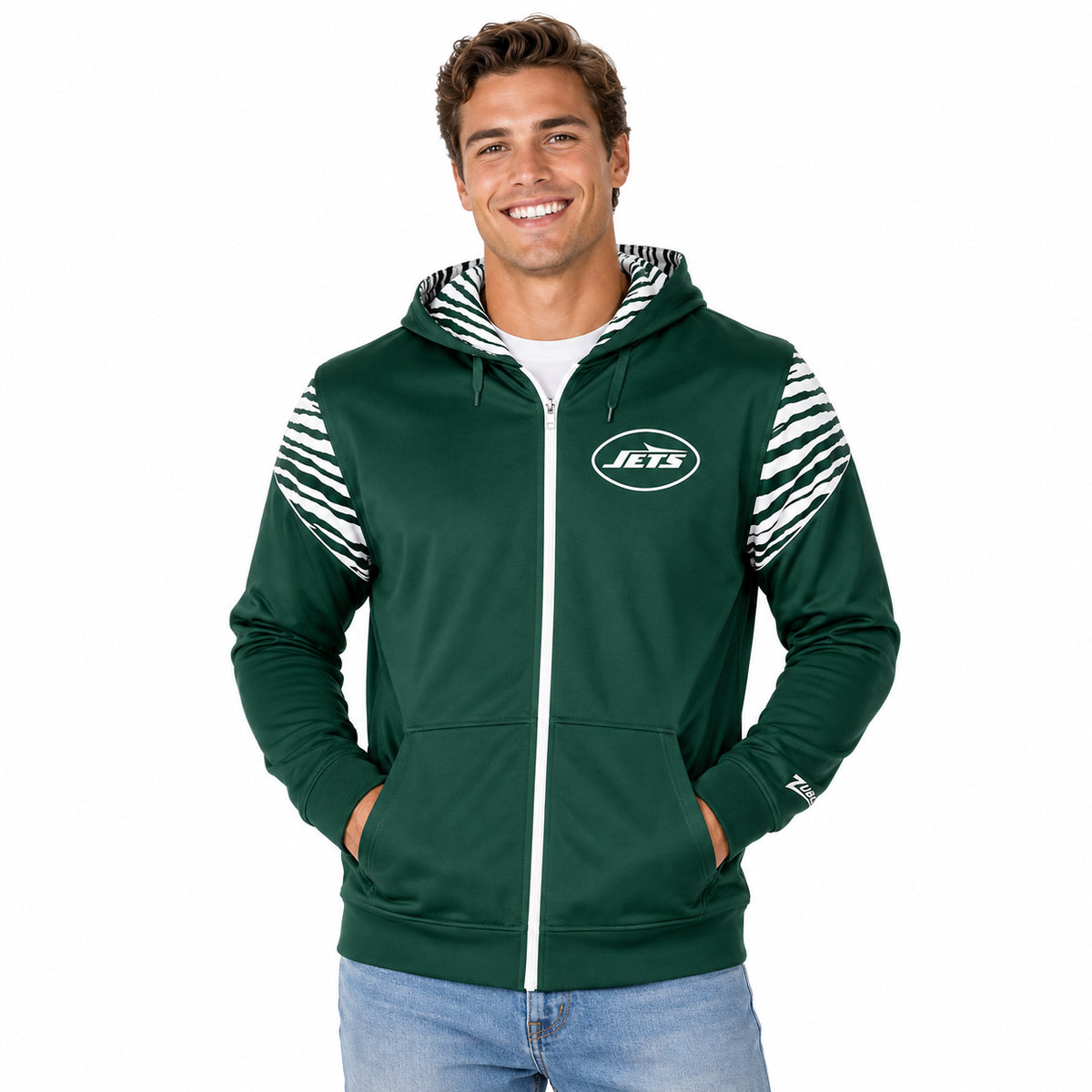 Zubaz NFL New York Jets Men's 3 Color Zebra Bands and Hood-Liner Play Action Full-Zip Hoodie