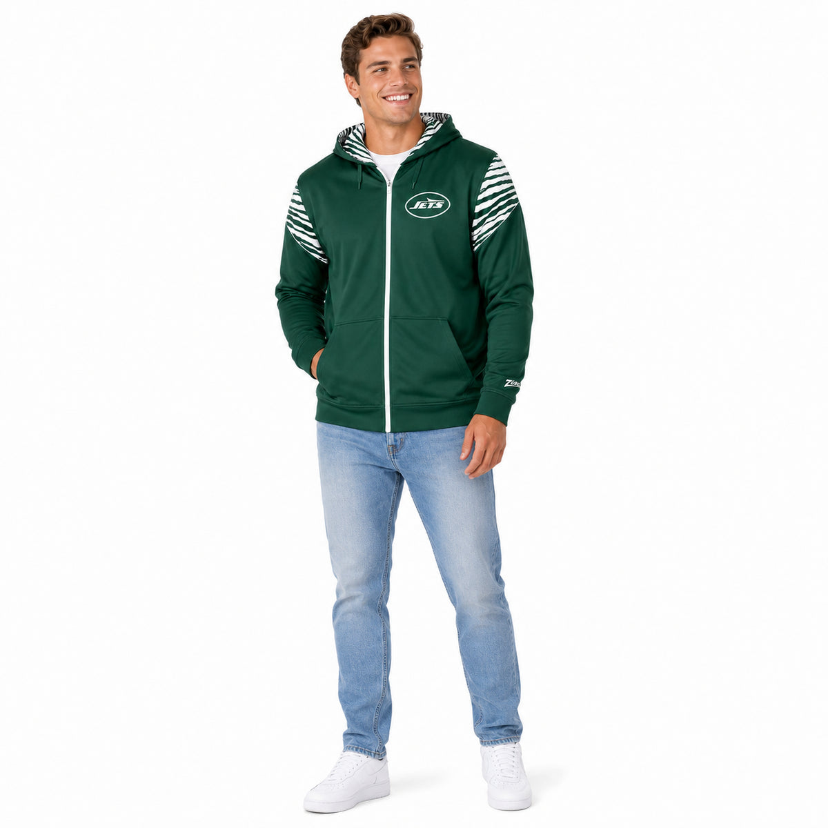 Zubaz NFL New York Jets Men's 3 Color Zebra Bands and Hood-Liner Play Action Full-Zip Hoodie