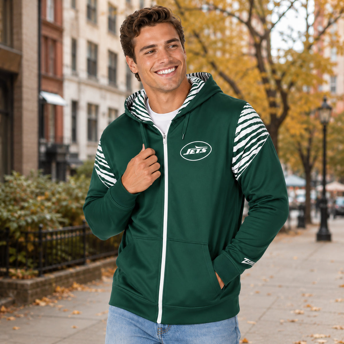 Zubaz NFL New York Jets Men's 3 Color Zebra Bands and Hood-Liner Play Action Full-Zip Hoodie