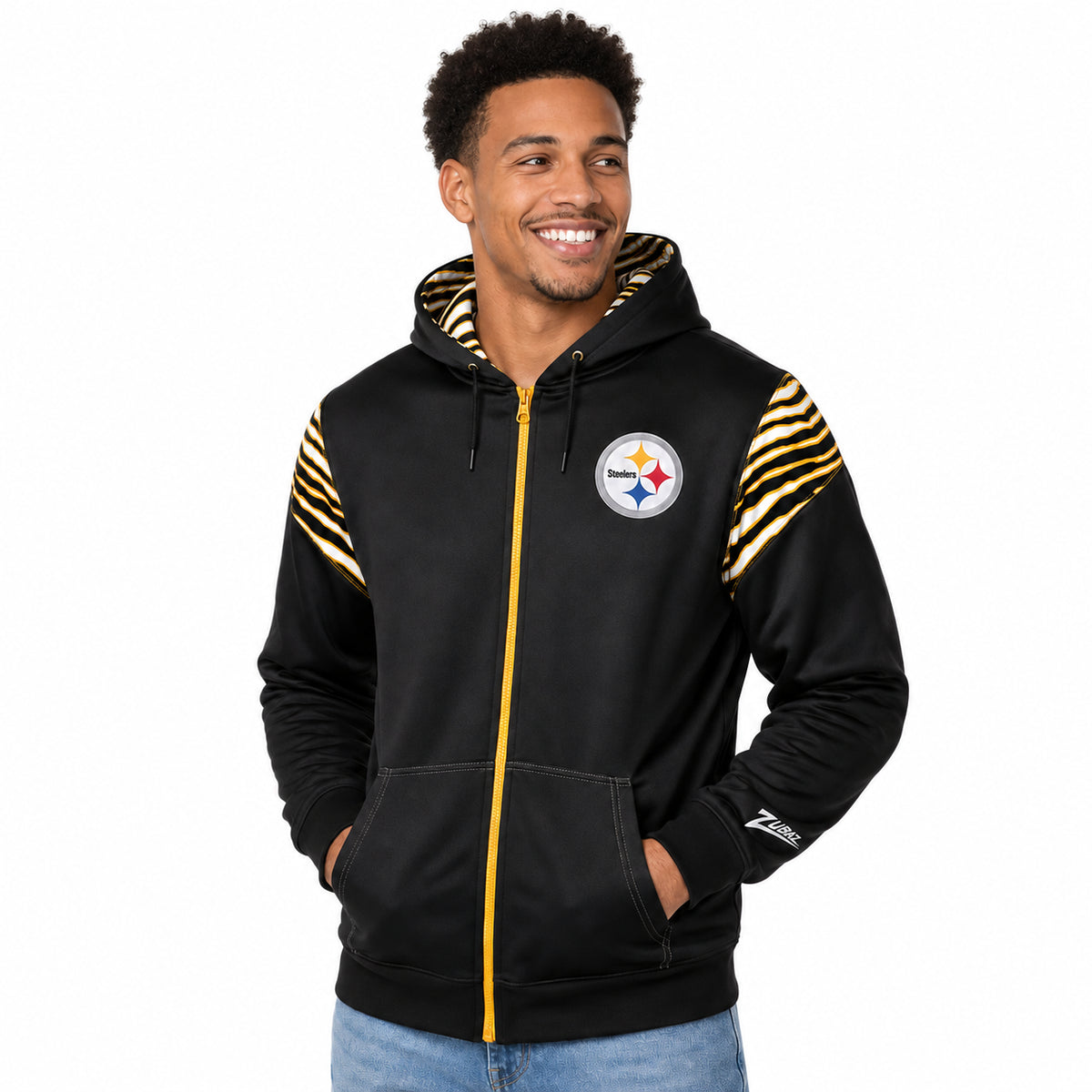 Zubaz NFL Pittsburgh Steelers Men's 3 Color Zebra Bands and Hood-Liner Play Action Full-Zip Hoodie