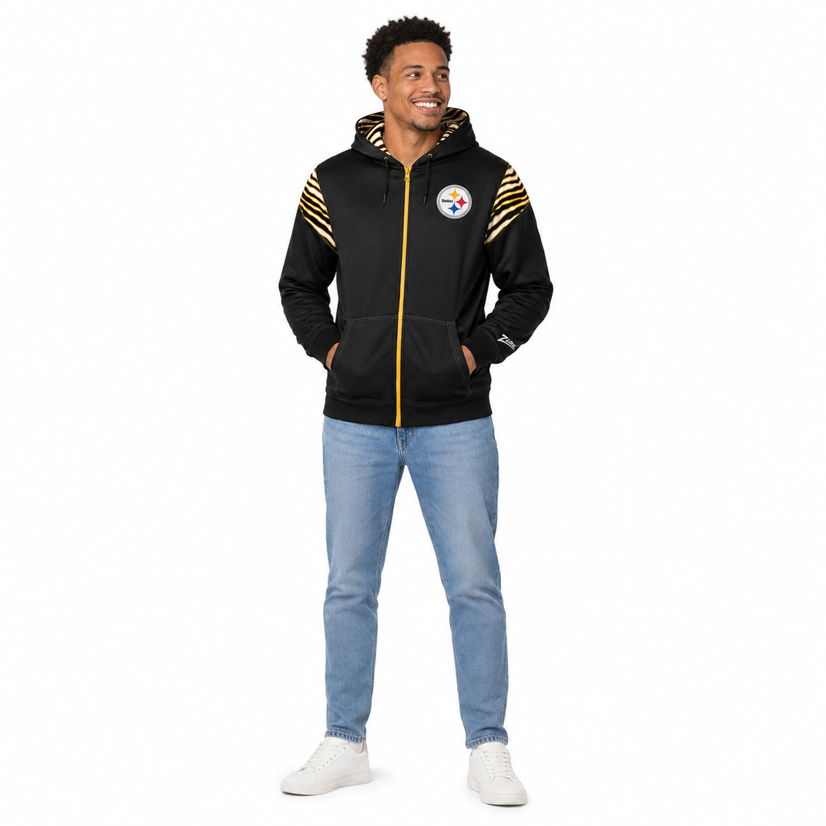 Zubaz NFL Pittsburgh Steelers Men's 3 Color Zebra Bands and Hood-Liner Play Action Full-Zip Hoodie