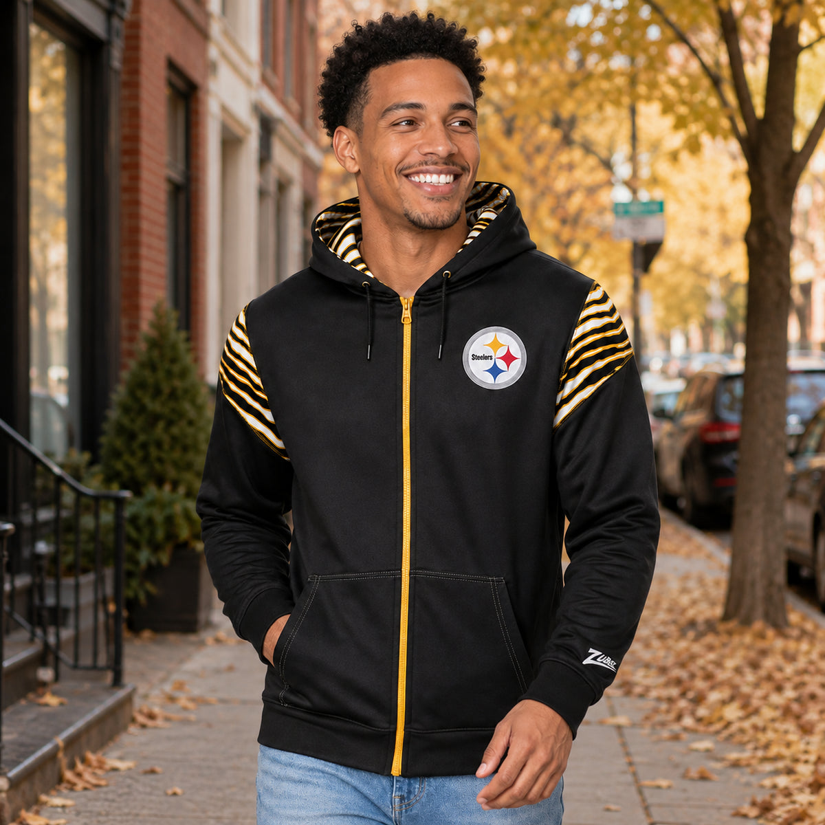 Zubaz NFL Pittsburgh Steelers Men's 3 Color Zebra Bands and Hood-Liner Play Action Full-Zip Hoodie
