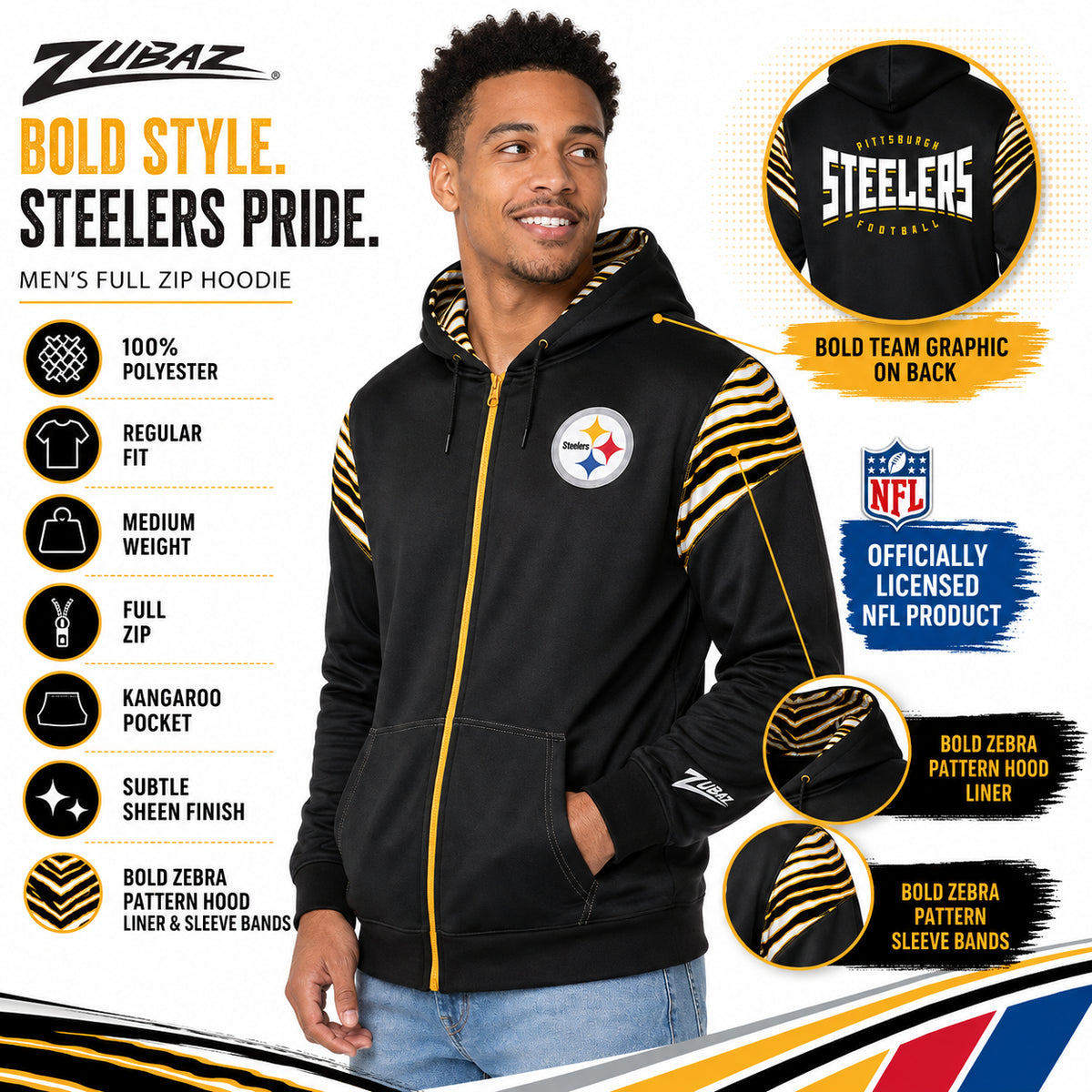 Zubaz NFL Pittsburgh Steelers Men's 3 Color Zebra Bands and Hood-Liner Play Action Full-Zip Hoodie