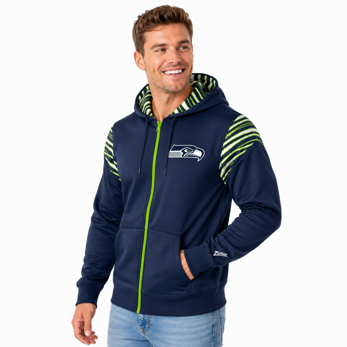 Zubaz NFL Seattle Seahawks Men's 3 Color Zebra Bands and Hood-Liner Play Action Full-Zip Hoodie