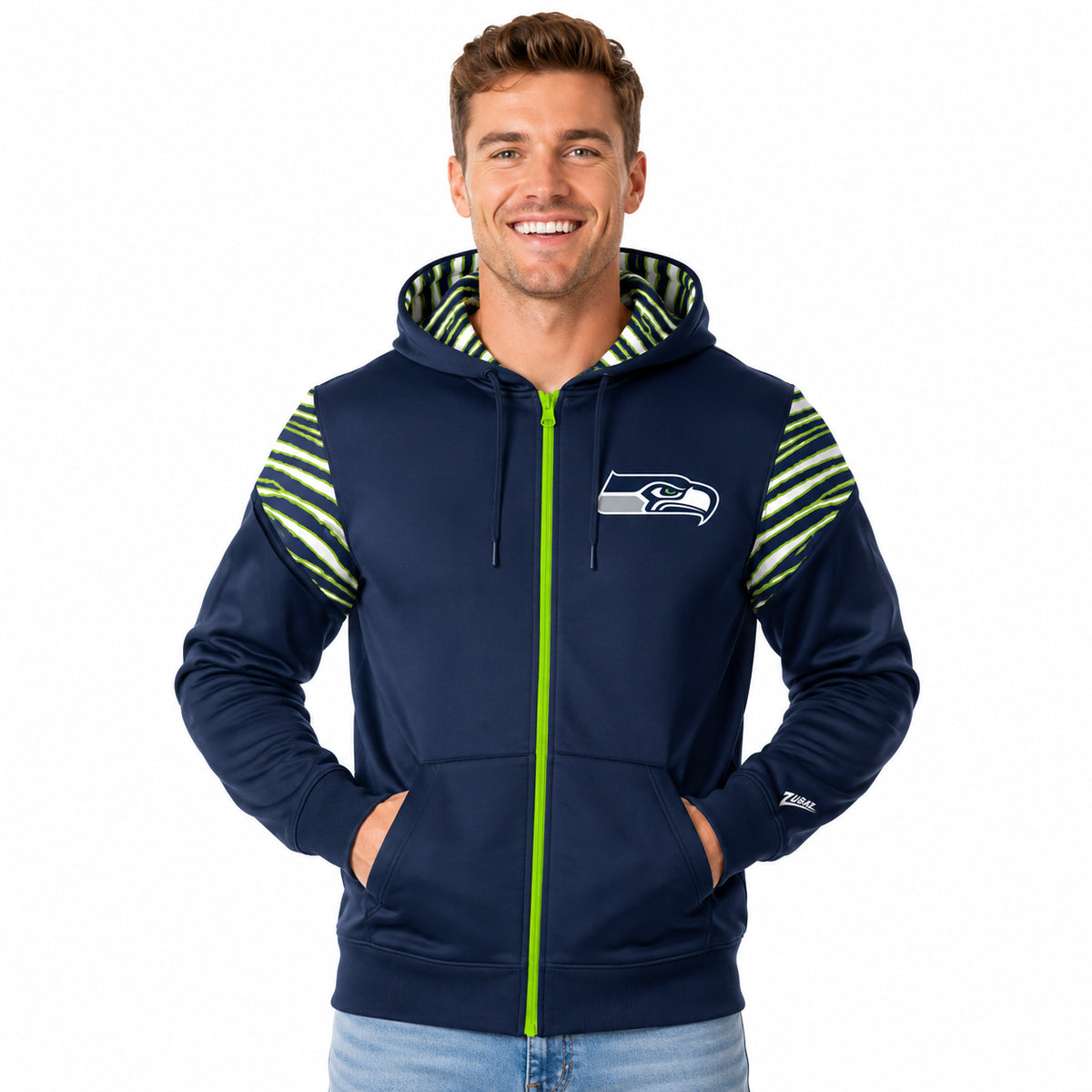 Zubaz NFL Seattle Seahawks Men's 3 Color Zebra Bands and Hood-Liner Play Action Full-Zip Hoodie