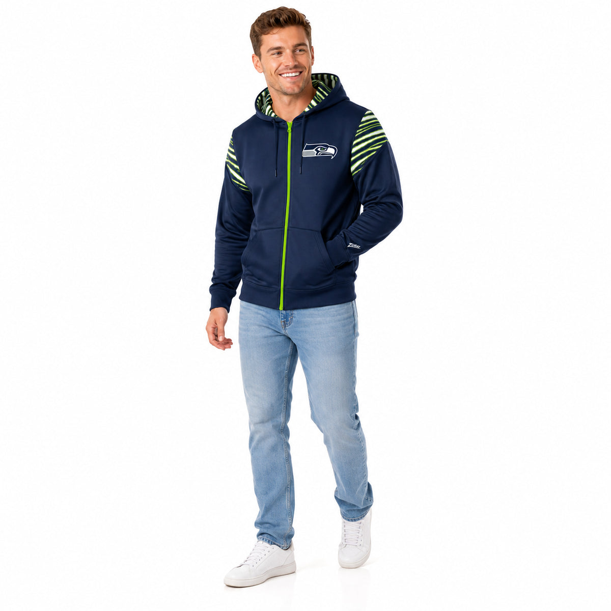 Zubaz NFL Seattle Seahawks Men's 3 Color Zebra Bands and Hood-Liner Play Action Full-Zip Hoodie