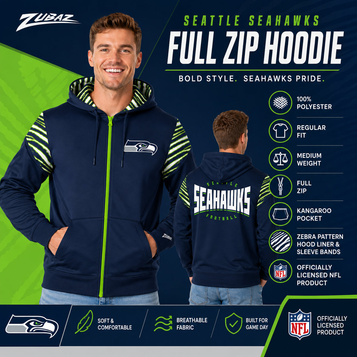 Zubaz NFL Seattle Seahawks Men's 3 Color Zebra Bands and Hood-Liner Play Action Full-Zip Hoodie