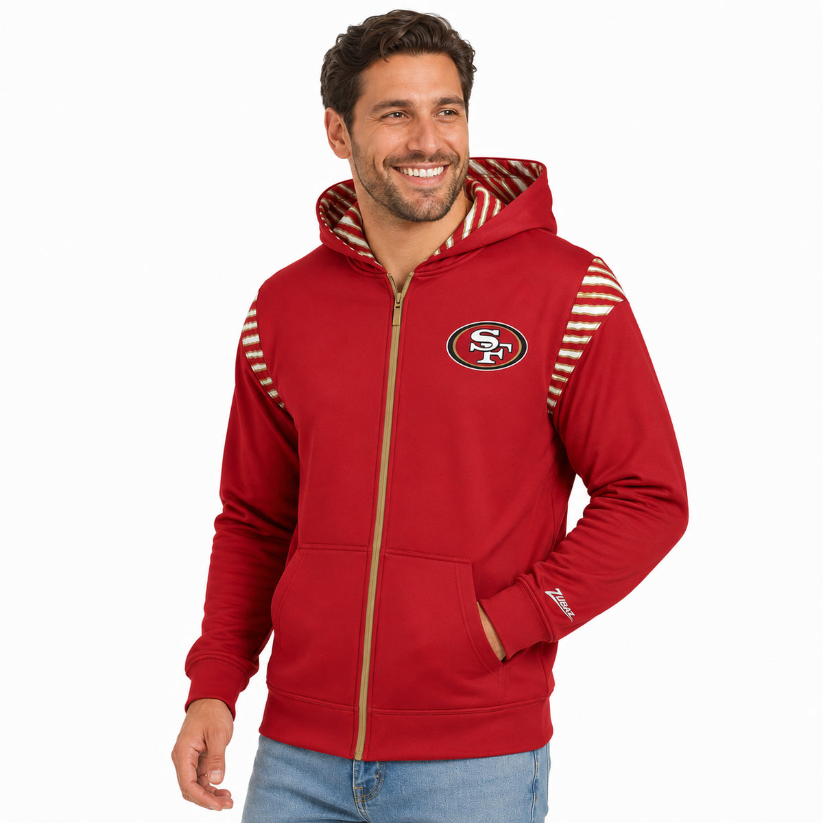 Zubaz NFL San Francisco 49ers Men's 3 Color Zebra Bands and Hood-Liner Play Action Full-Zip Hoodie