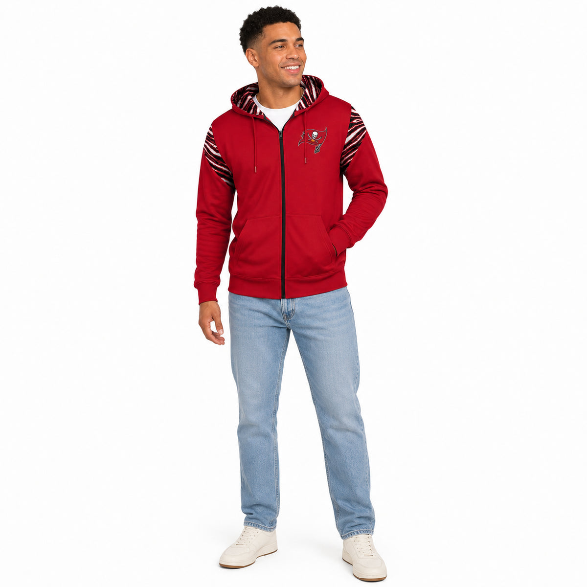 Zubaz NFL Tampa Bay Buccaneers Men's 3 Color Zebra Bands and Hood-Liner Play Action Full-Zip Hoodie