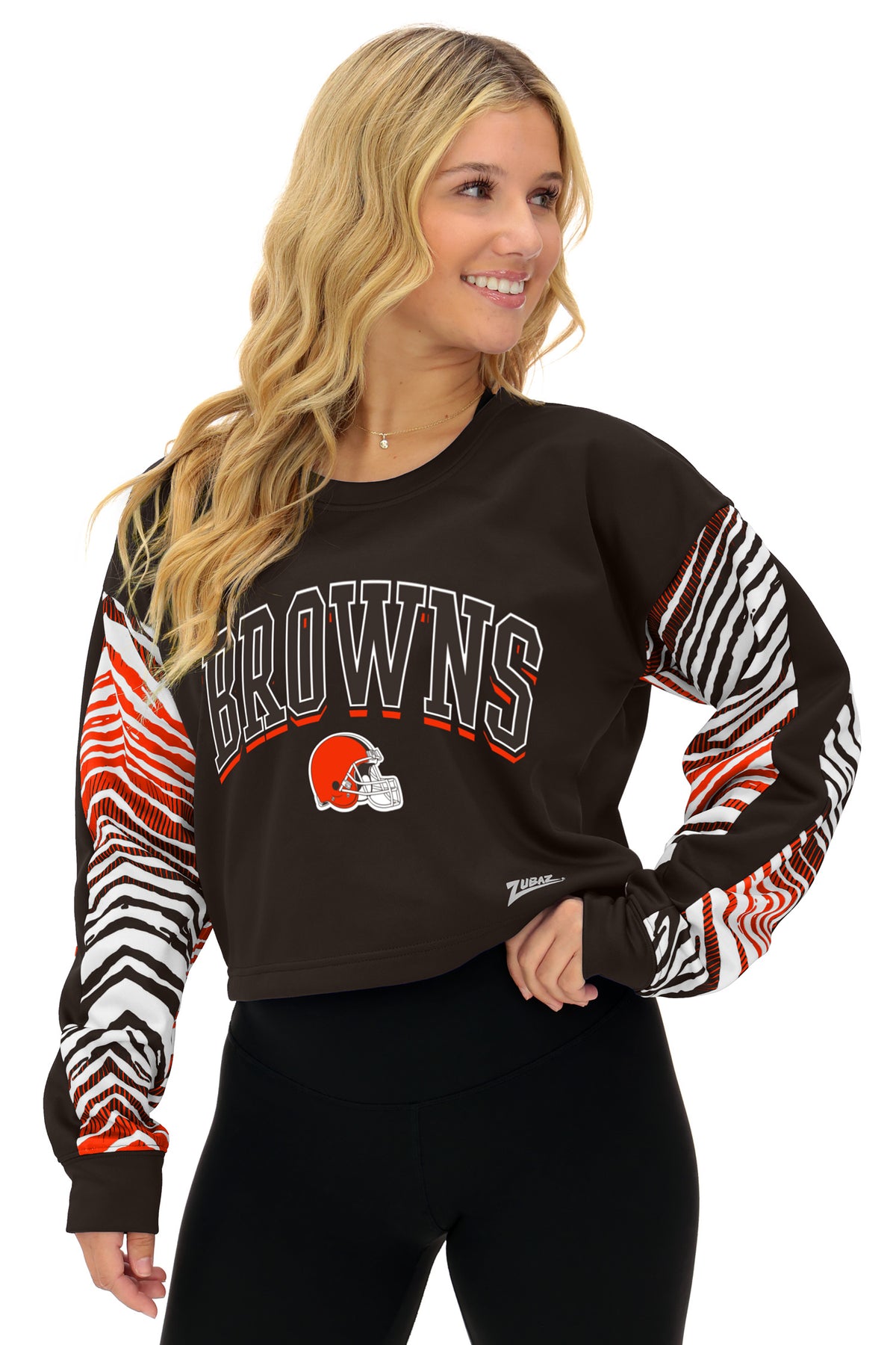 Zubaz NFL Cleveland Browns Women's Zebra Ombre-Sleeve Classic Arch Crop Top