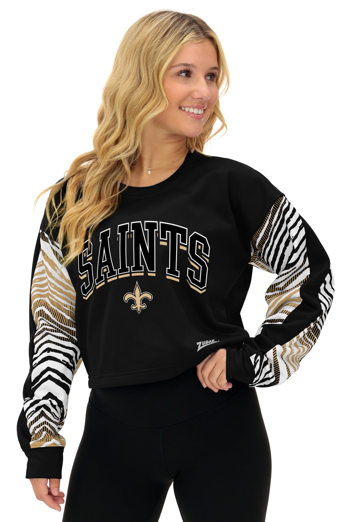 Zubaz NFL New Orleans Saints Women's Zebra Ombre-Sleeve Classic Arch Crop Top