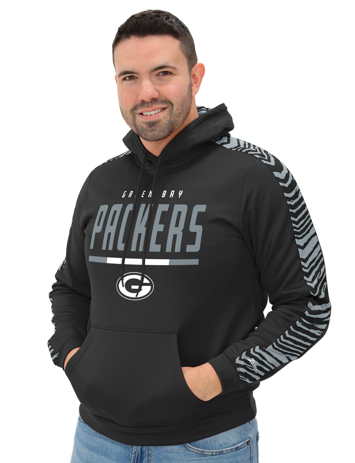 Zubaz NFL Men's Black and Grey Tonal Zebra Hoodie and Sleeve Green Bay Packers