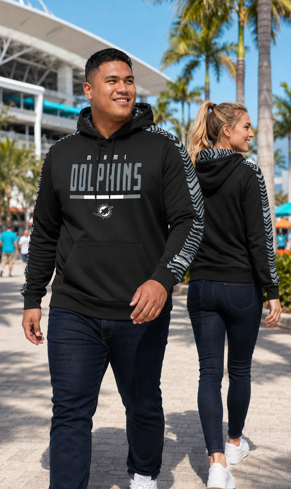Zubaz NFL Men's Black and Grey Tonal Zebra Hoodie and Sleeve Miami Dolphins