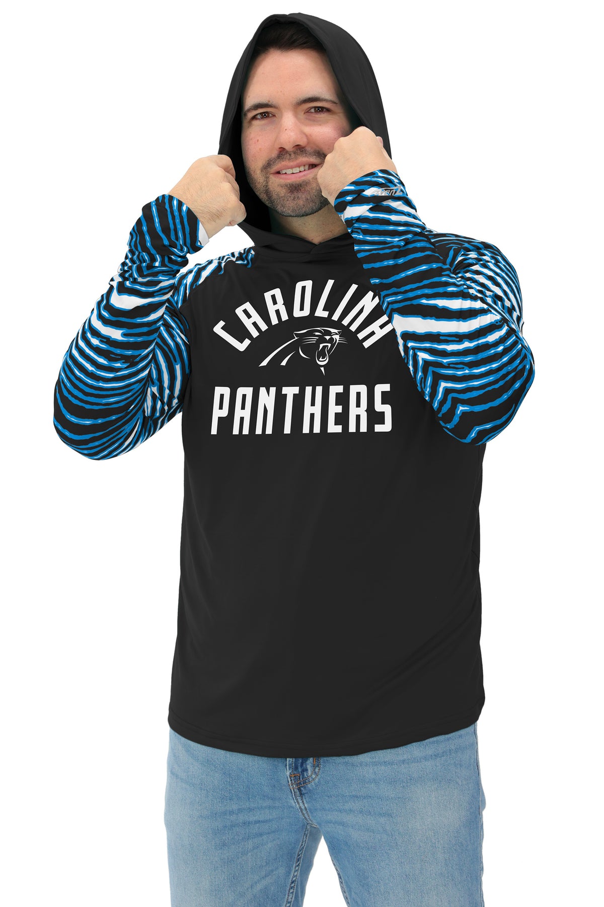 Zubaz NFL Carolina Panthers Men's Formation 3 Color Zebra Sleeves Lightweight Hoodie