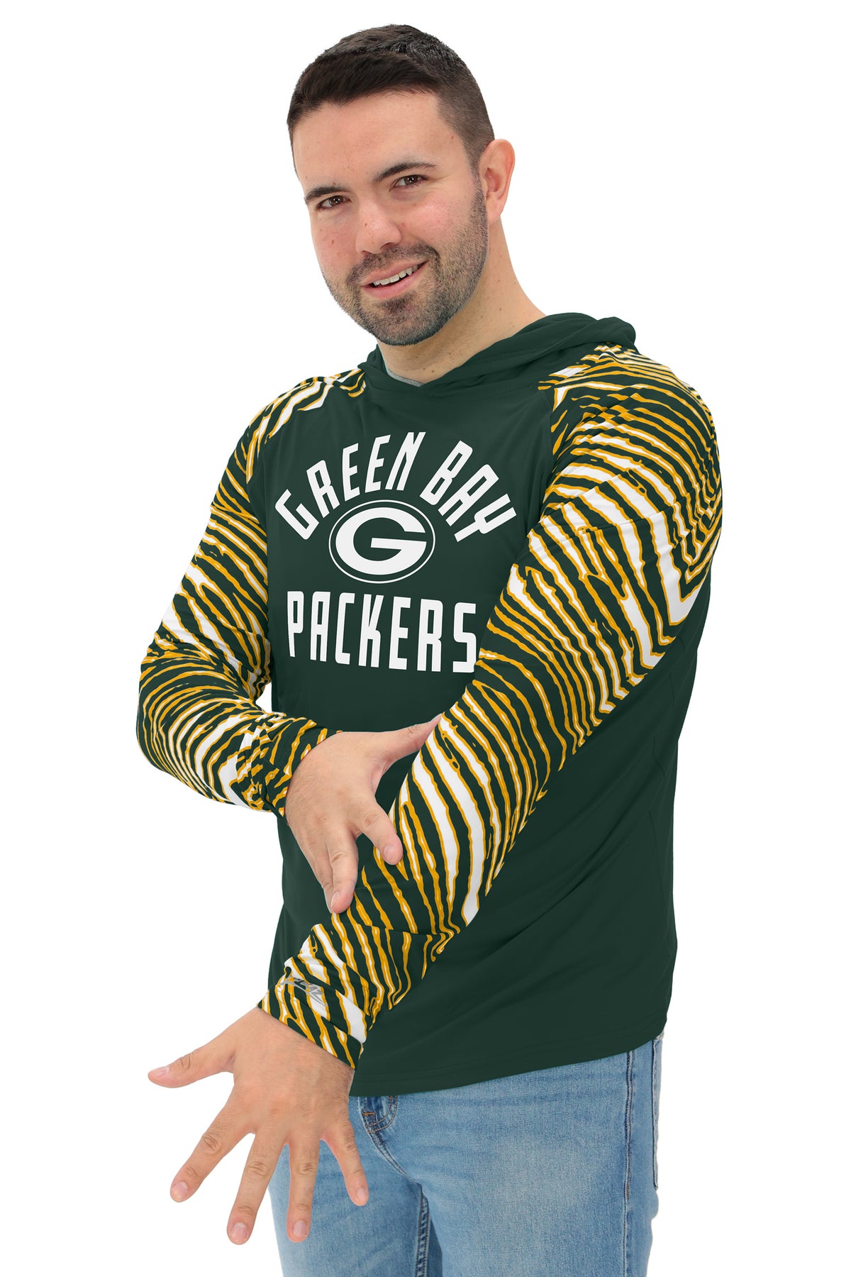 Zubaz NFL Green Bay Packers Men's Formation 3 Color Zebra Sleeves Lightweight Hoodie