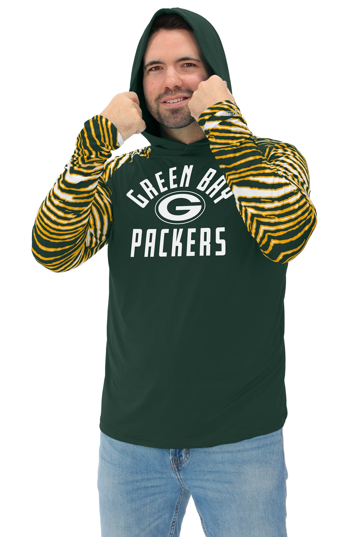 Zubaz NFL Green Bay Packers Men's Formation 3 Color Zebra Sleeves Lightweight Hoodie