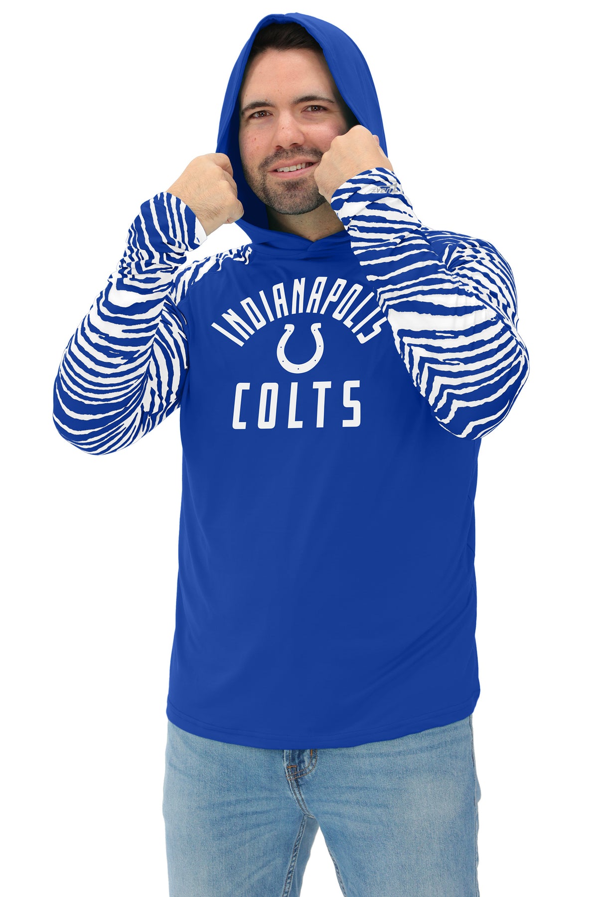 Zubaz NFL Indianapolis Colts Men's Formation 3 Color Zebra Sleeves Lightweight Hoodie