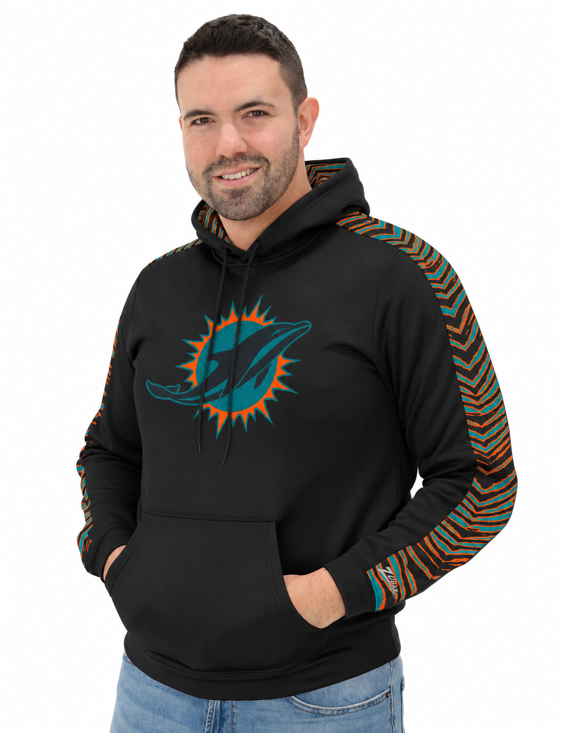 Zubaz NFL Men's Rivalry Zebra Sleeve Fleece Hoodie, Miami Dolphins