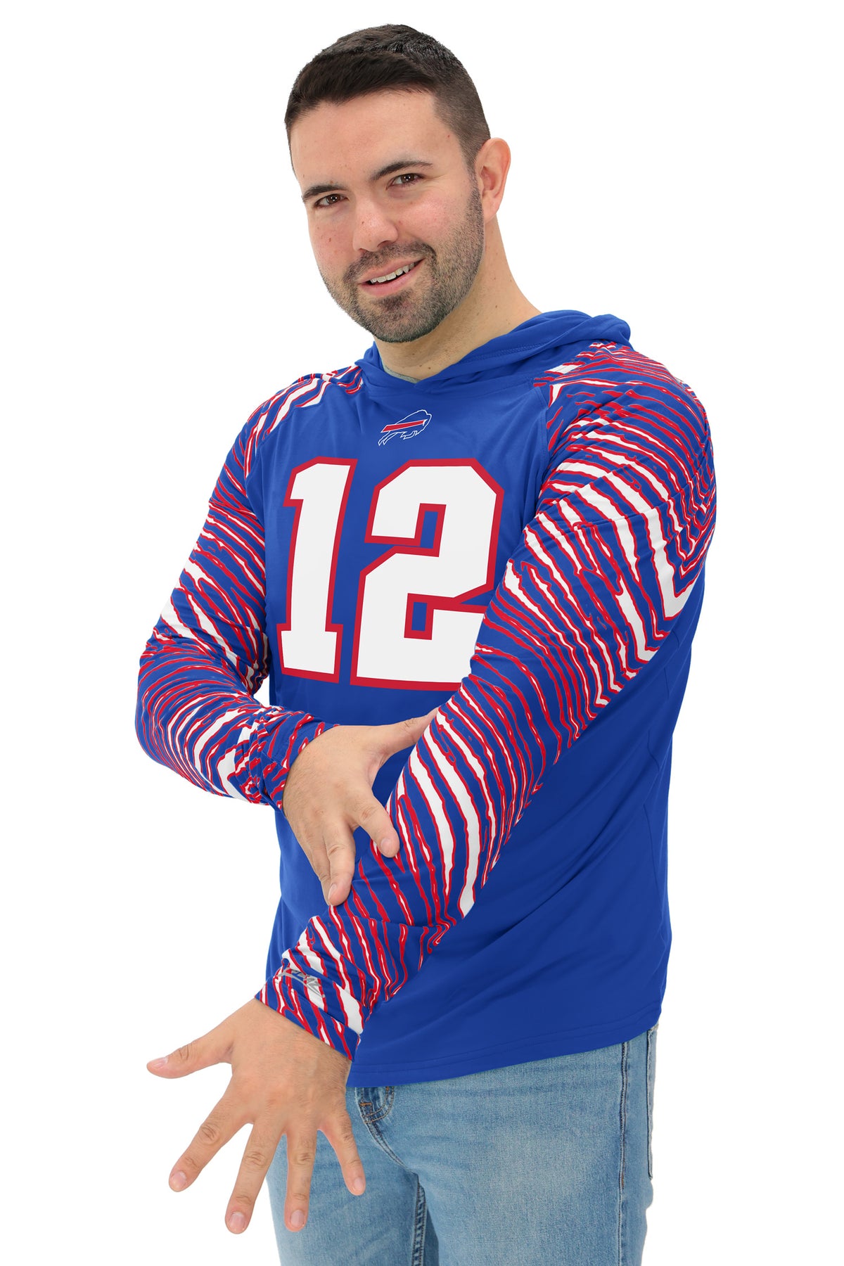 Zubaz NFL Legends Jim Kelly Buffalo Bills Men's Legends Zebra Lightweight Hooded Tee