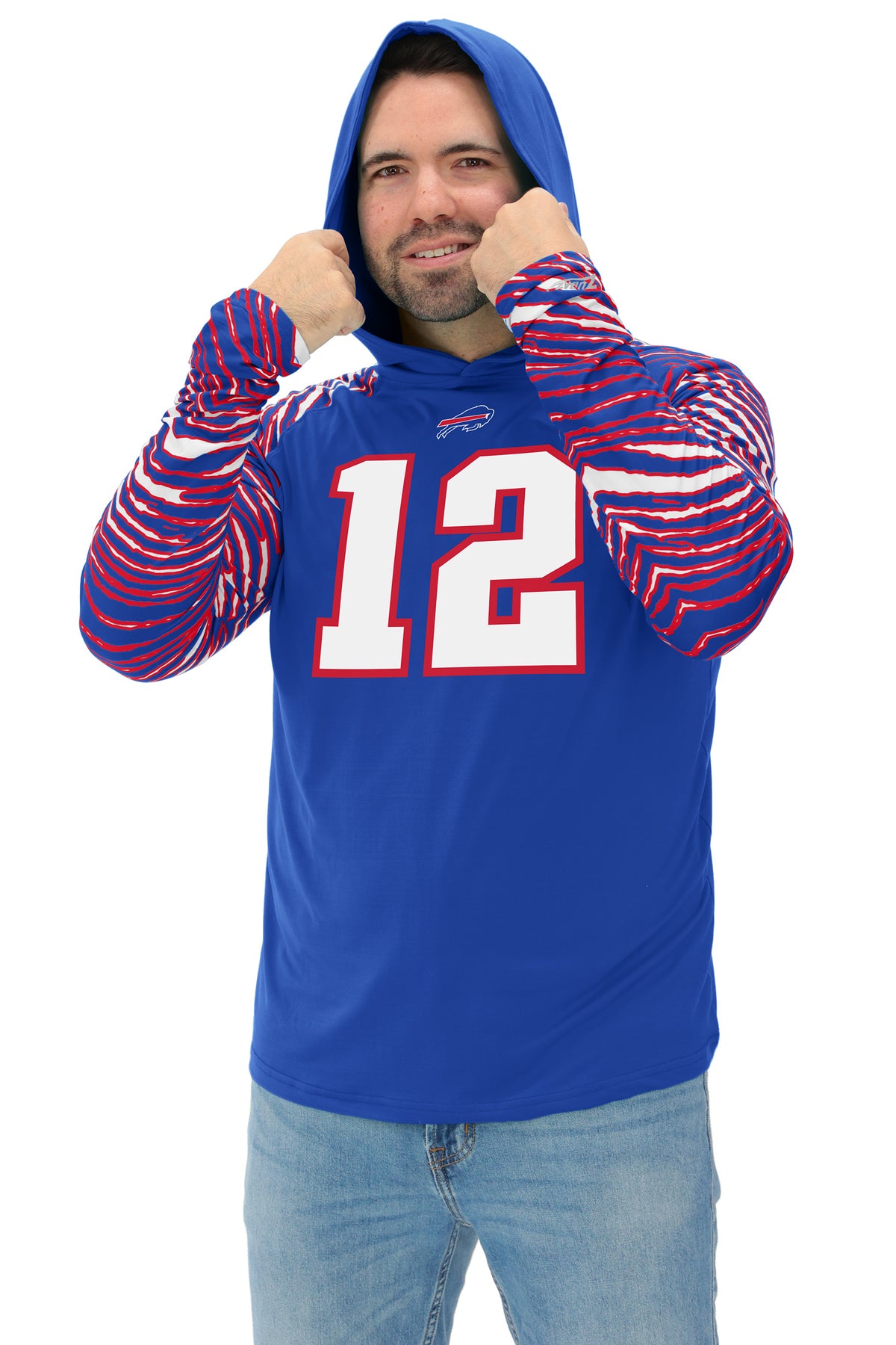 Zubaz NFL Legends Jim Kelly Buffalo Bills Men's Legends Zebra Lightweight Hooded Tee
