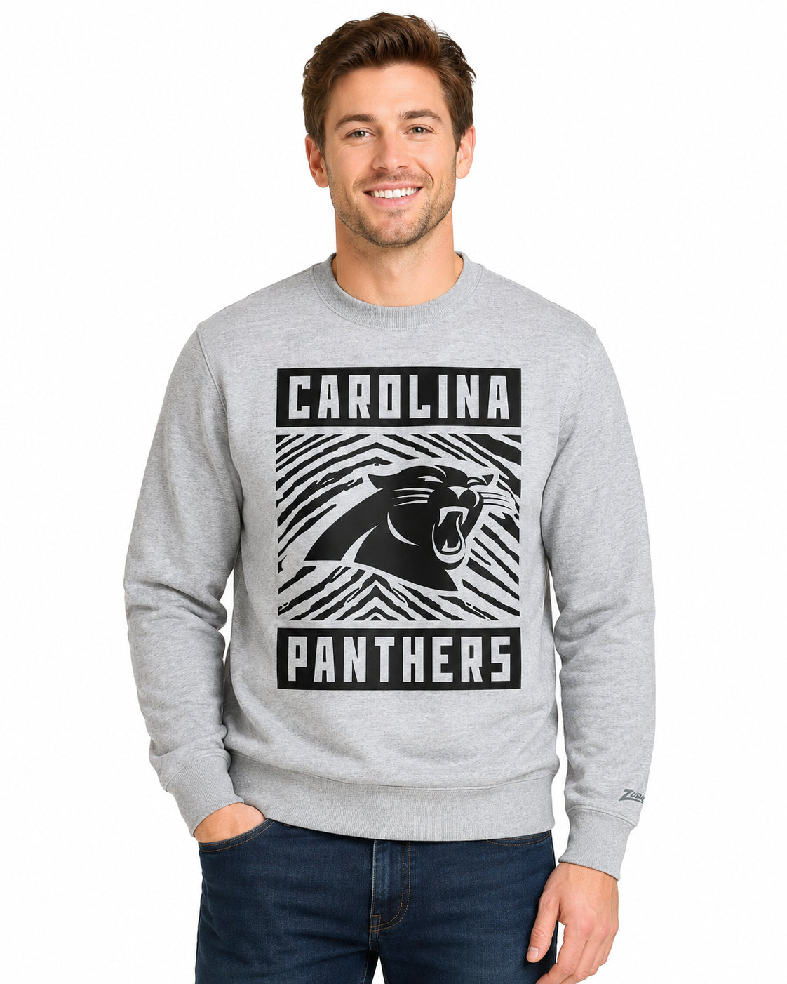 Zubaz NFL Carolina Panthers Men's Gridiron Zebra 2 Color Heather Gray Crewneck Sweatshirt