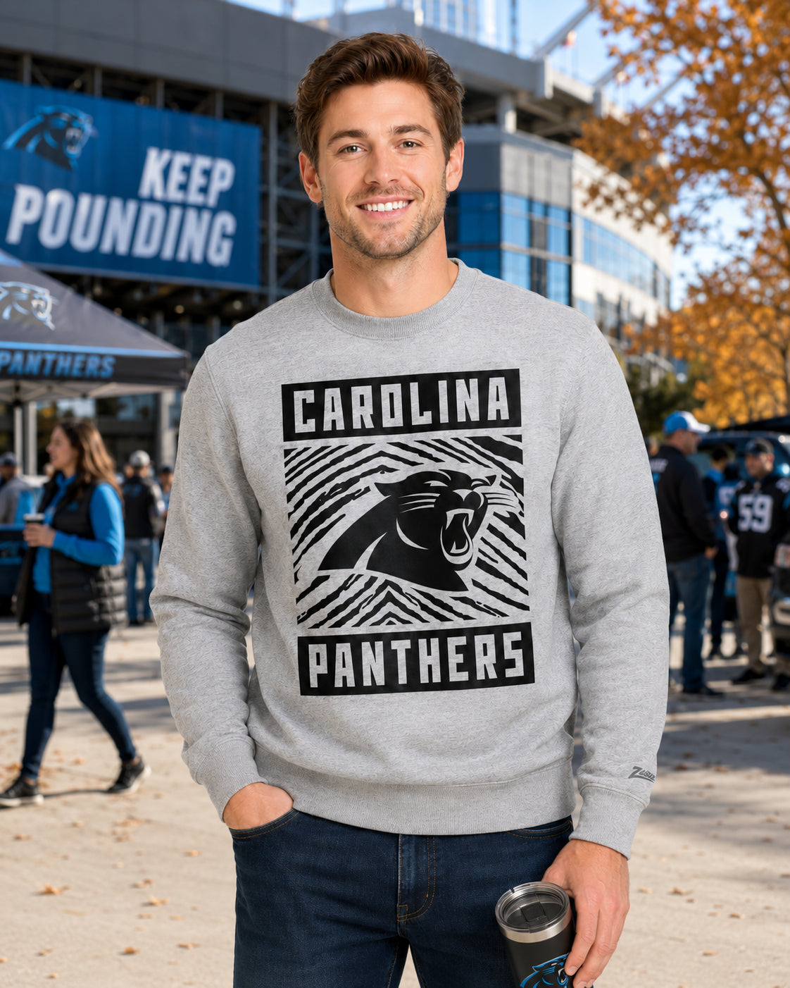 Zubaz NFL Carolina Panthers Men's Gridiron Zebra 2 Color Heather Gray Crewneck Sweatshirt