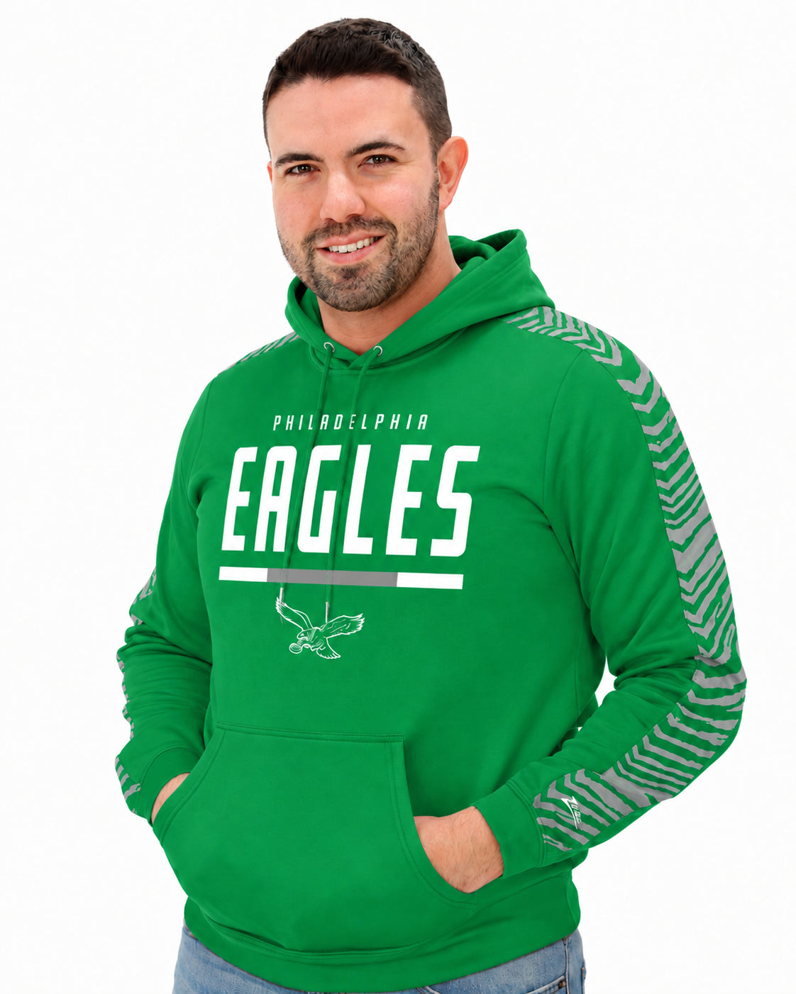 Zubaz NFL Men's Classic Linebacker 2 Color Zebra Sleeve Panel Hoodie, Philadelphia Eagles