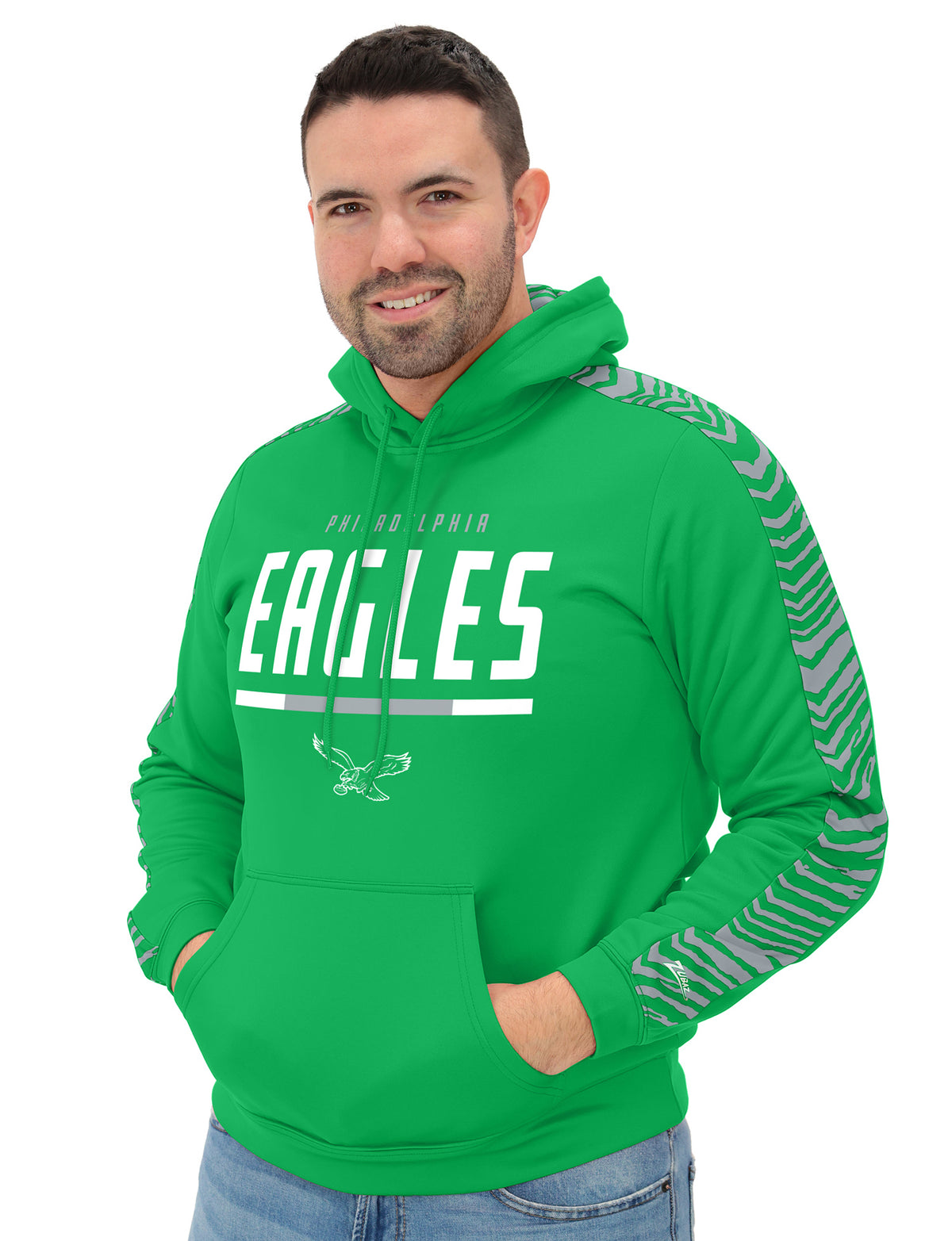 Zubaz NFL Men's Classic Linebacker 2 Color Zebra Sleeve Panel Hoodie, Philadelphia Eagles