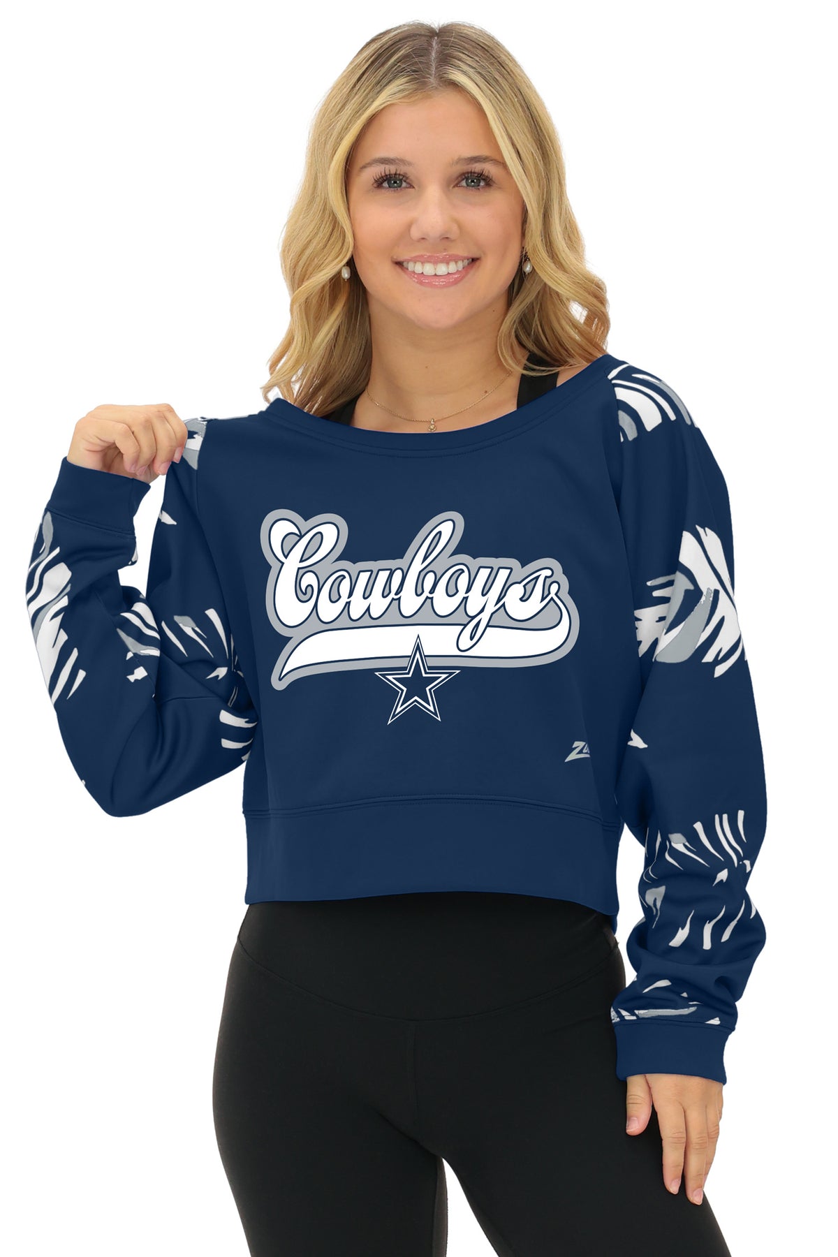 Zubaz NFL Dallas Cowboys Women's 3 Color Leaf Script Boatneck Raglan Crew