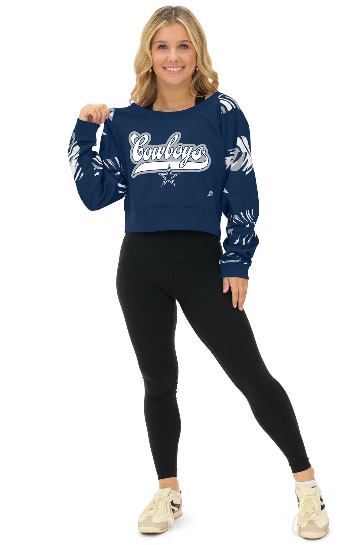 Zubaz NFL Dallas Cowboys Women's 3 Color Leaf Script Boatneck Raglan Crew