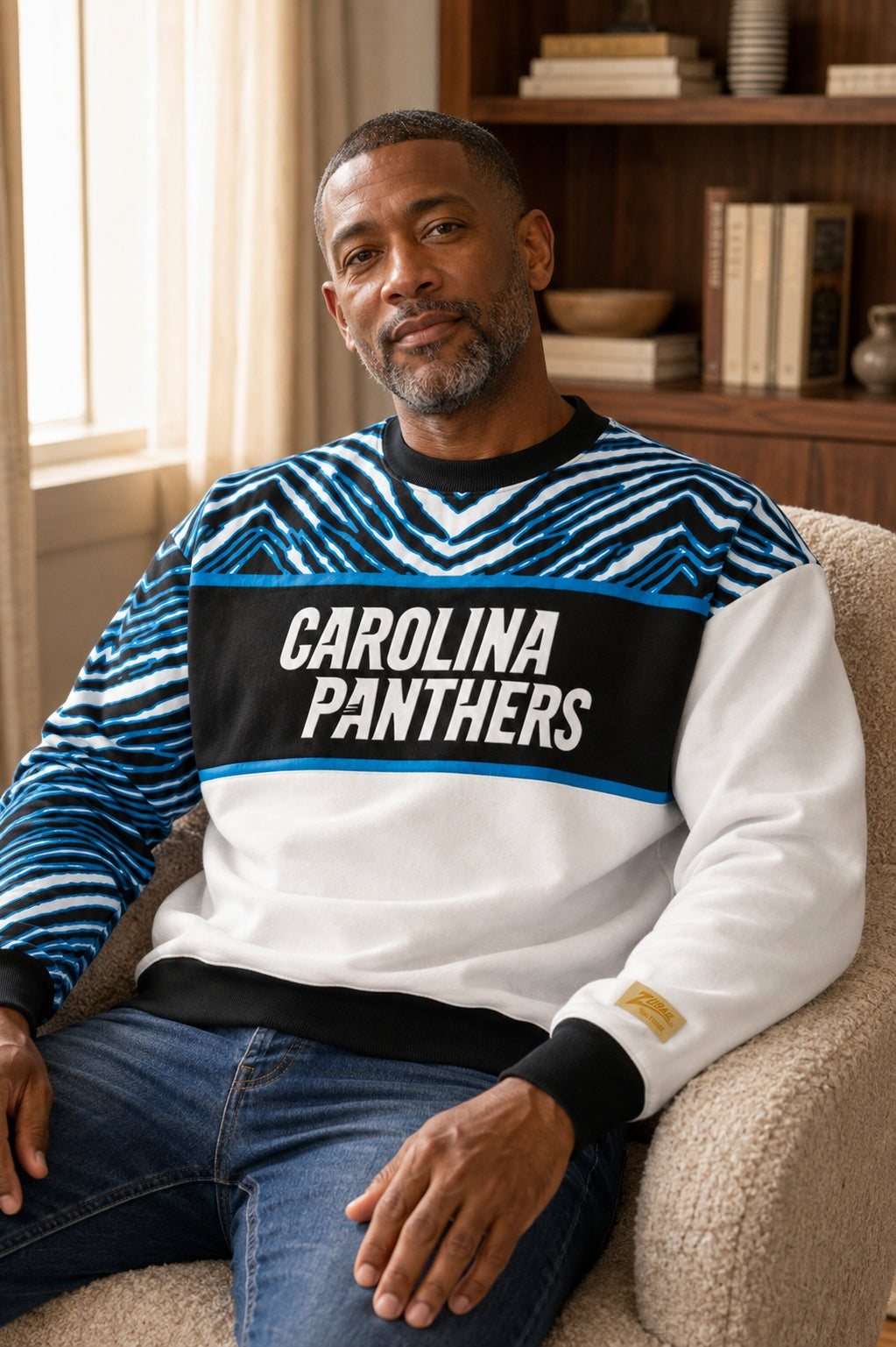 Zubaz NFL Men's & Women's 90s Strong Arm Crew, Carolina Panthers
