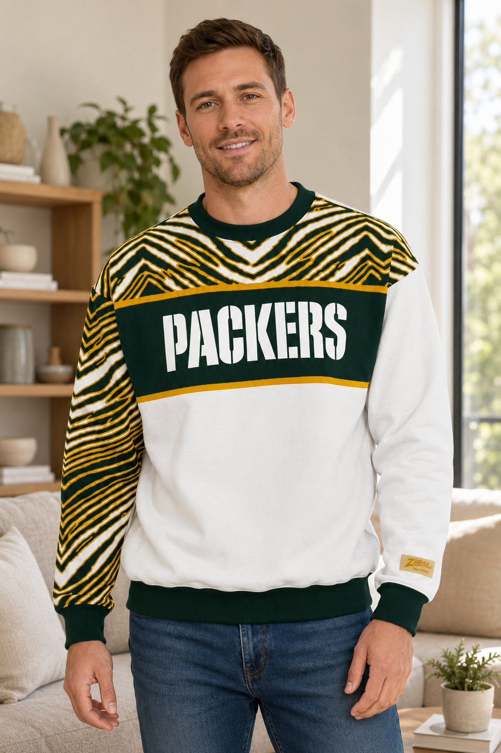 Zubaz NFL Men's & Women's 90s Strong Arm Crew, Green Bay Packers