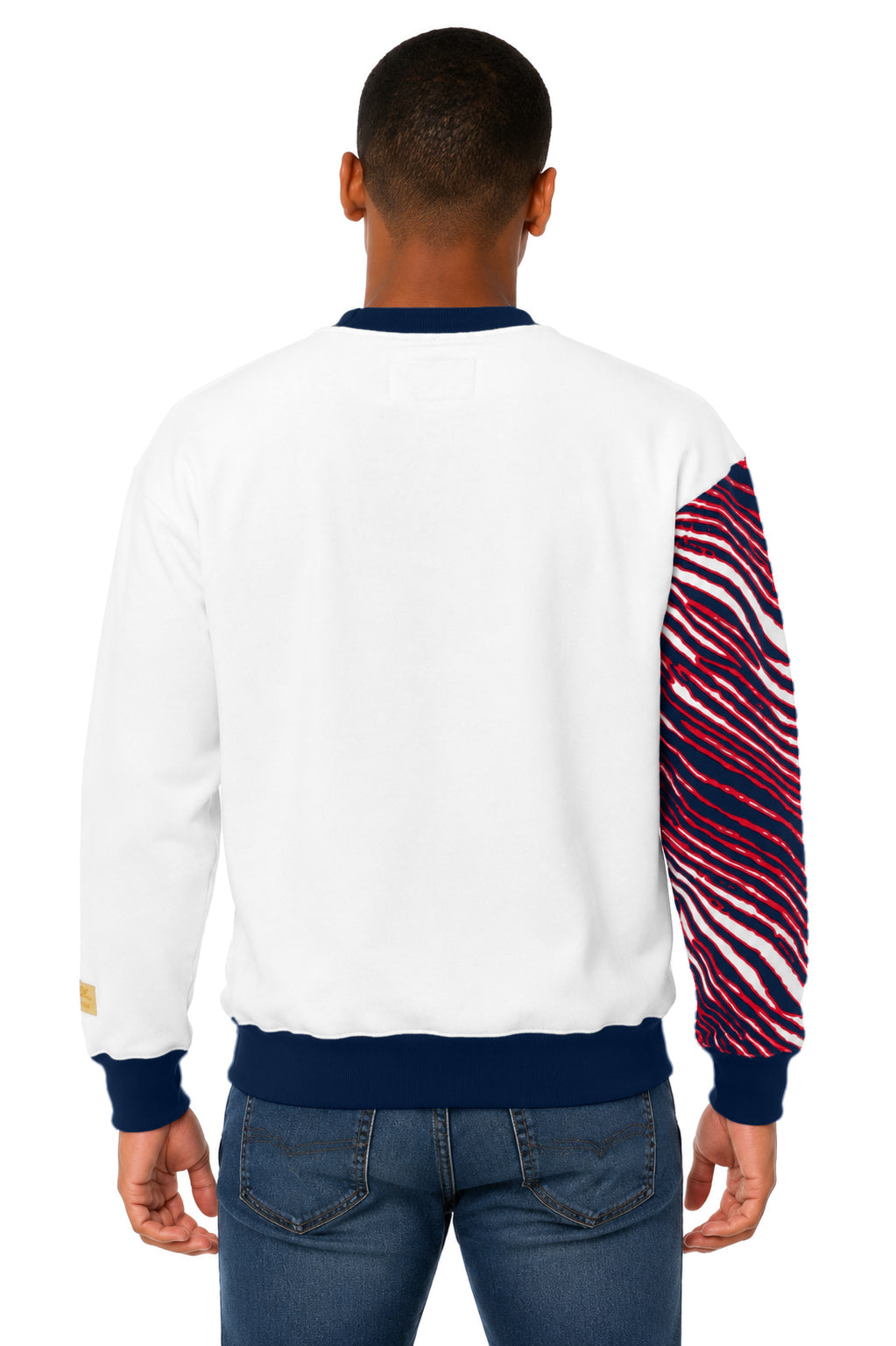 Zubaz NFL New England Patriots Unisex White 3 Color Zebra 90s Vintage Strong Arm Crewneck Sweatshirt