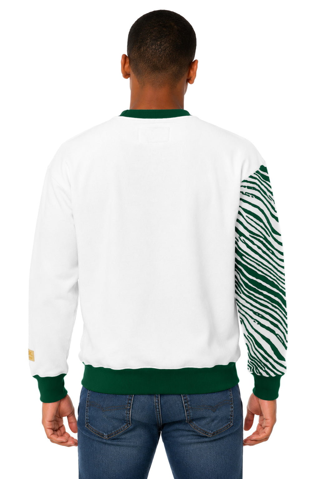 Zubaz NFL New York Jets Unisex White 3 Color Zebra 90s Vintage Strong Arm Crewneck Sweatshirt