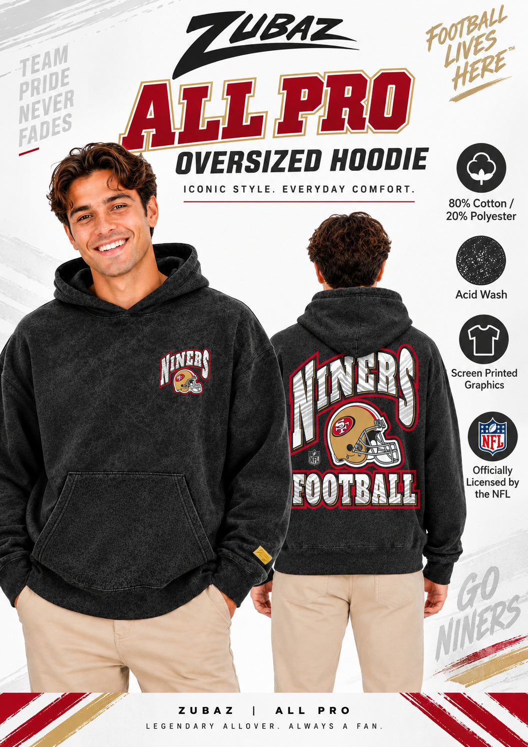 Zubaz NFL Unisex 90s Vintage All Pro Hoodie, Arizona Cardinals