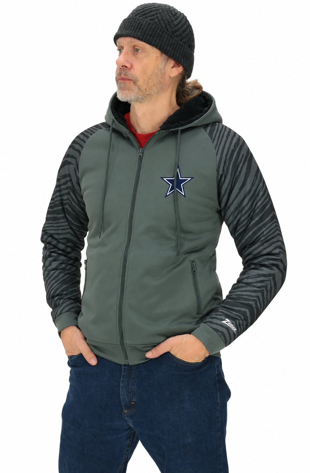 Zubaz NFL Dallas Cowboys Men's Charcoal Tonal Zebra Sherpa-Lined Raglan Full-Zip Hoodie