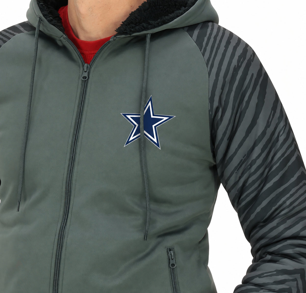 Zubaz NFL Dallas Cowboys Men's Charcoal Tonal Zebra Sherpa-Lined Raglan Full-Zip Hoodie