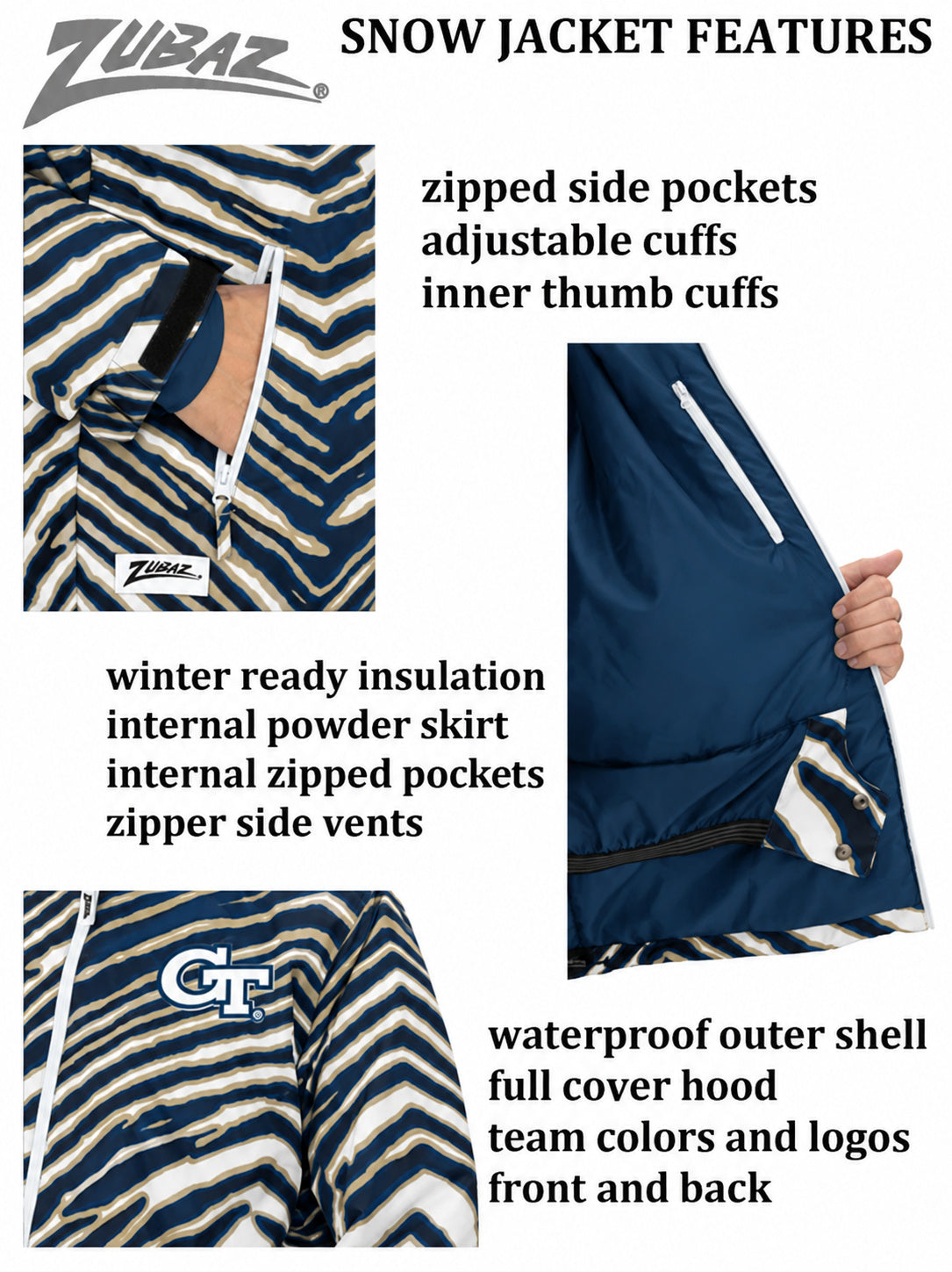 Zubaz NCAA Georgia Tech Yellow Jackets Adult Unisex Team Color Zebra Bleacher Blazer Snow Jacket