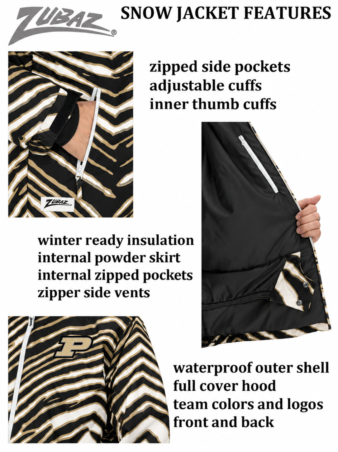 Zubaz NCAA Purdue Boilermakers Adult Unisex Team Color Zebra Bleacher Blazer Snow Jacket
