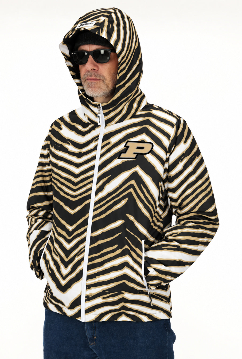 Zubaz NCAA Purdue Boilermakers Adult Unisex Team Color Zebra Bleacher Blazer Snow Jacket