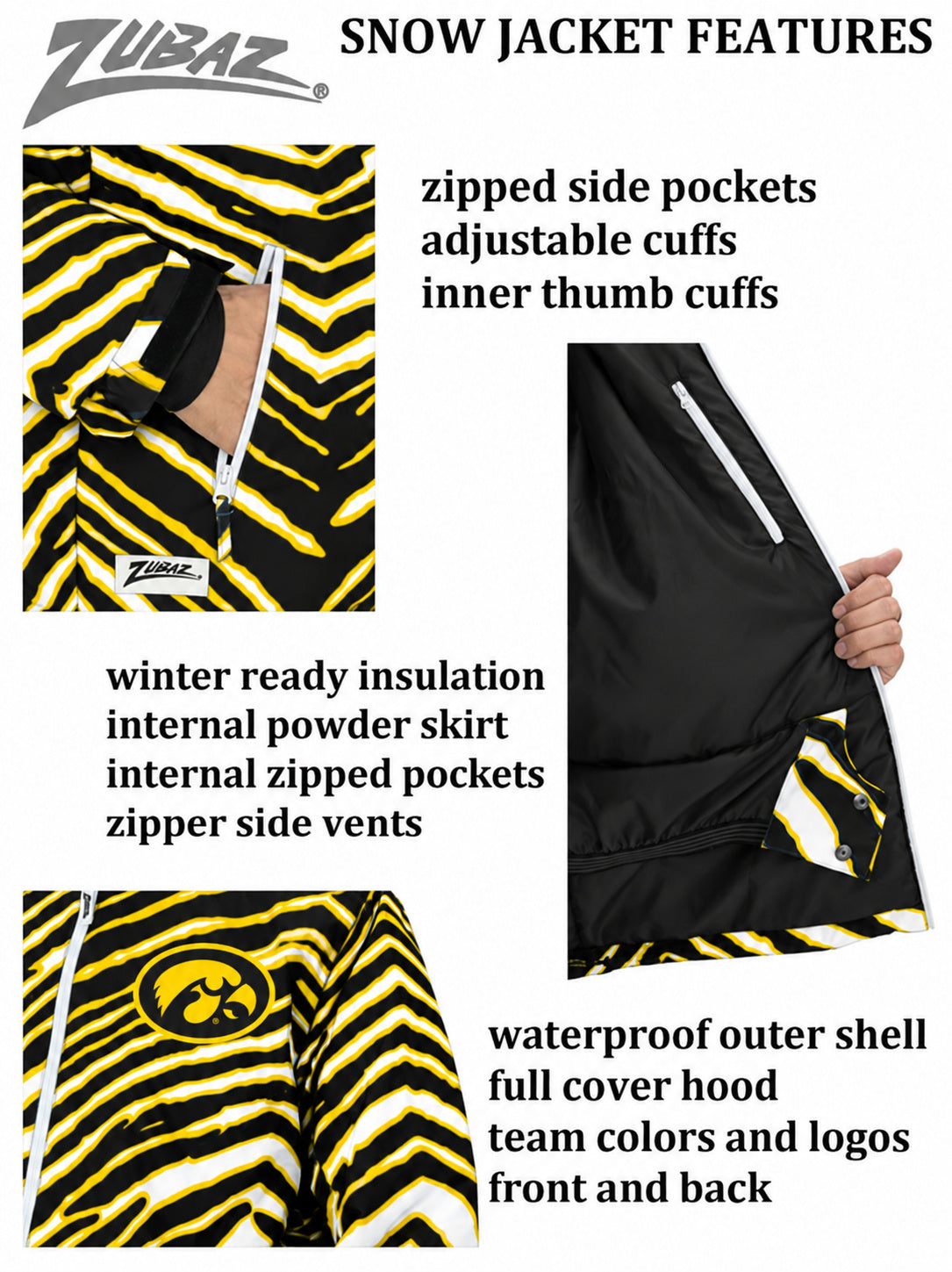 Zubaz NCAA Iowa Hawkeyes Adult Unisex Team Color Zebra Bleacher Blazer Snow Jacket