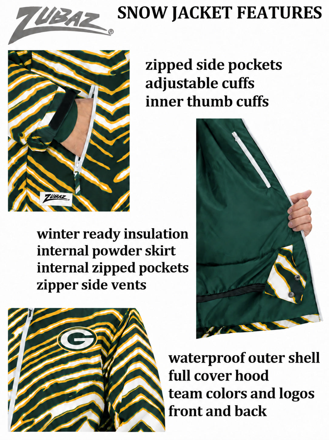 Zubaz NFL Green Bay Packers Adult Unisex Team Color Zebra Bleacher Blazer Snow Jacket