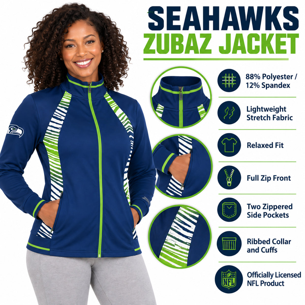Zubaz NFL Seattle Seahawks Women's Zebra Ombre Elevated Mock Track Full-Zip Top