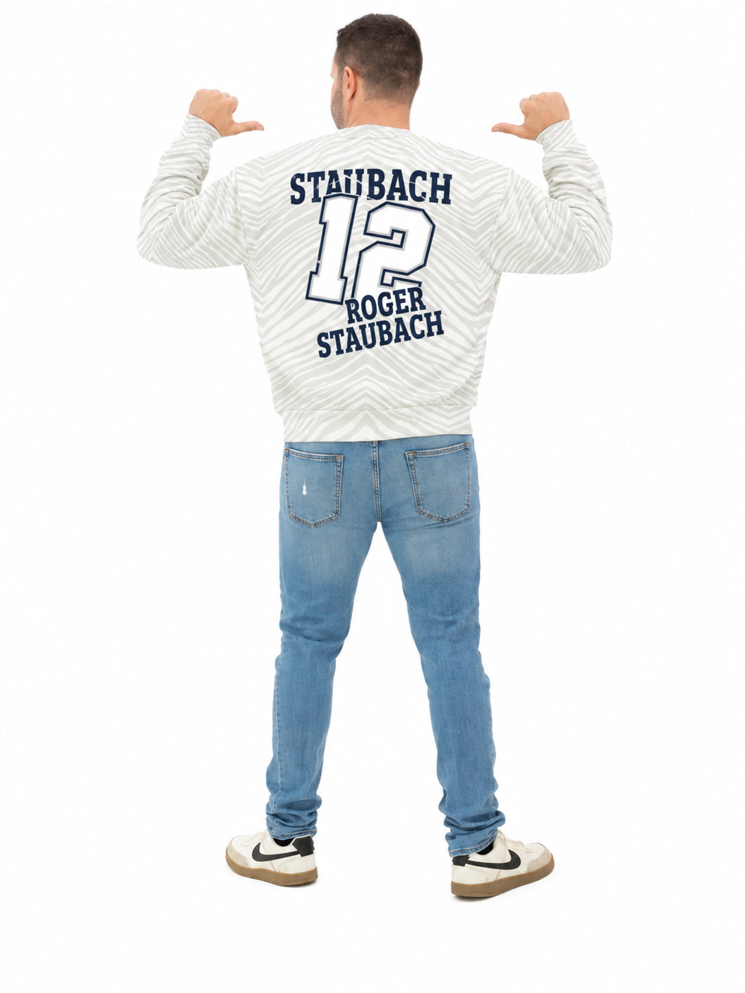 Zubaz NFL Dallas Cowboys Adult Unisex Legends Roger Staubach 90s Vintage Full Back Zebra Crewneck