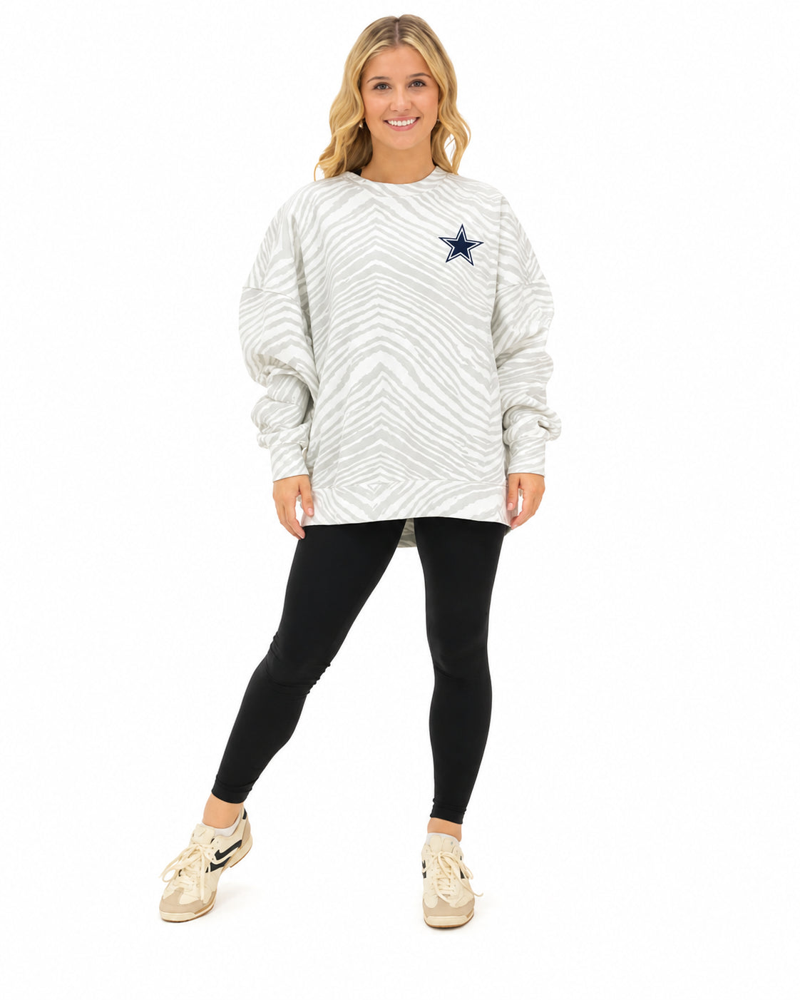 Zubaz NFL Dallas Cowboys Adult Unisex Legends Roger Staubach 90s Vintage Full Back Zebra Crewneck