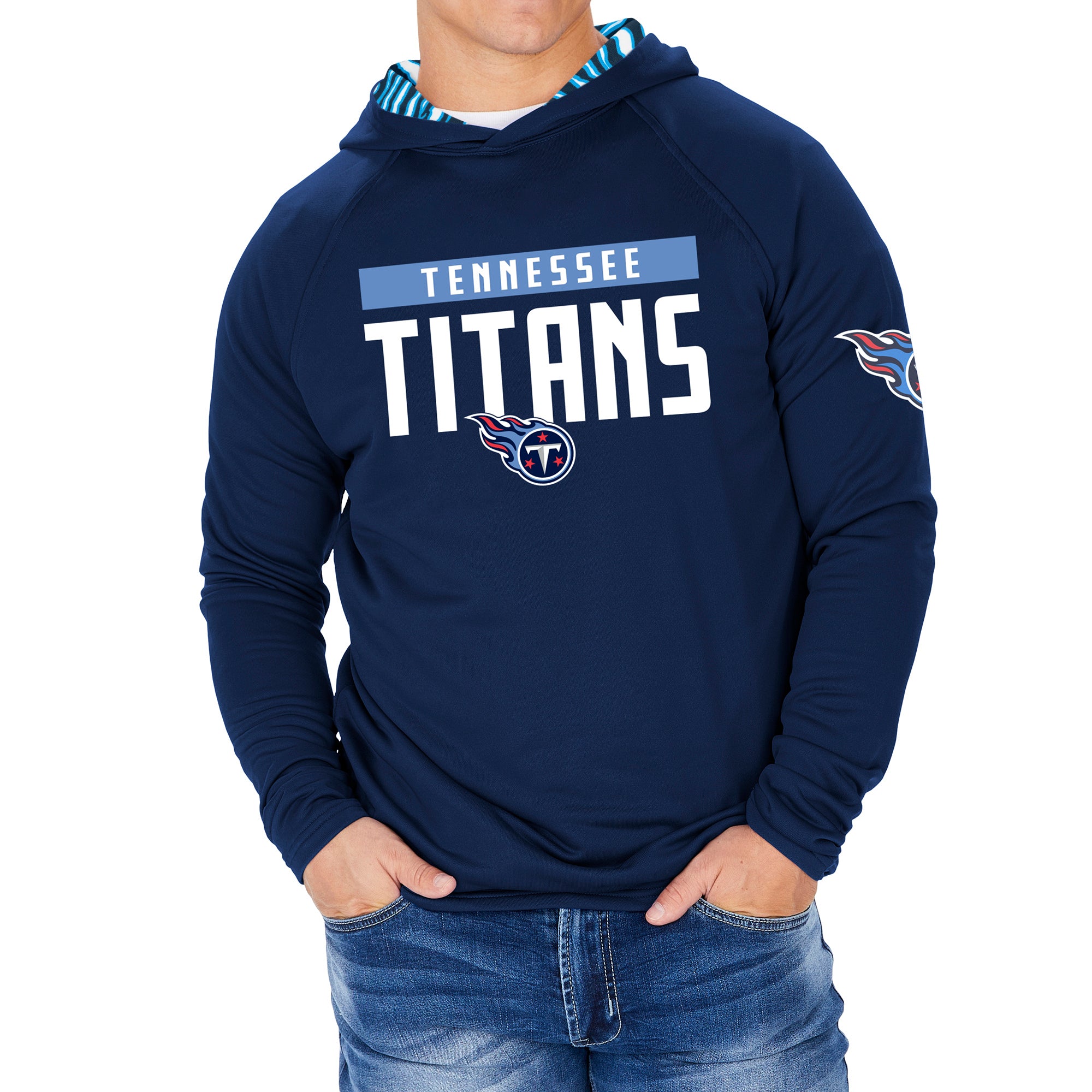 Zubaz NFL Men's Light Weight Team Color Hoodie With 3 Tone Zebra Lined Hood, Great Play Logo, Tennessee Titans - Official NFL