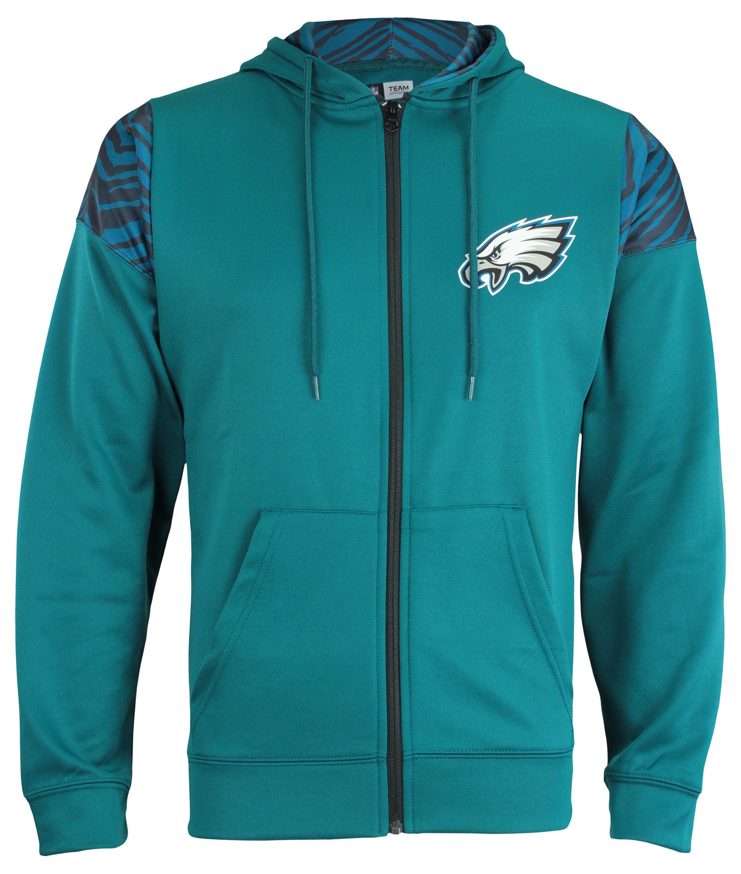 Zubaz Nfl Philadelphia Eagles Solid Team Color Full Zip Hooded Fleece Poly Sweater With 2-Color Zebra Accent Small