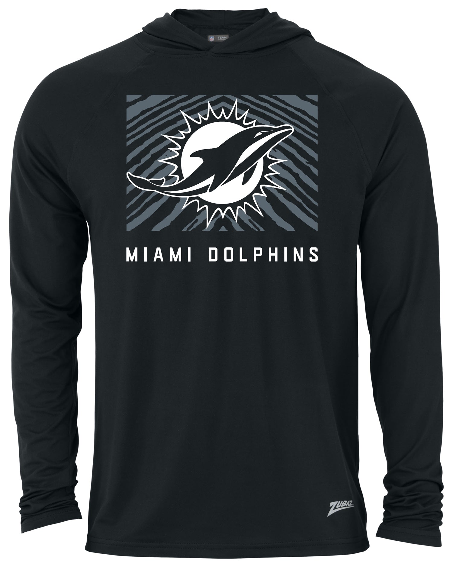 Zubaz NFL Men's Light Weight Black Body Hoodie, Gray Zebra Square Logo, Miami Dolphins - Official NFL Dolphins Zubaz Apparel