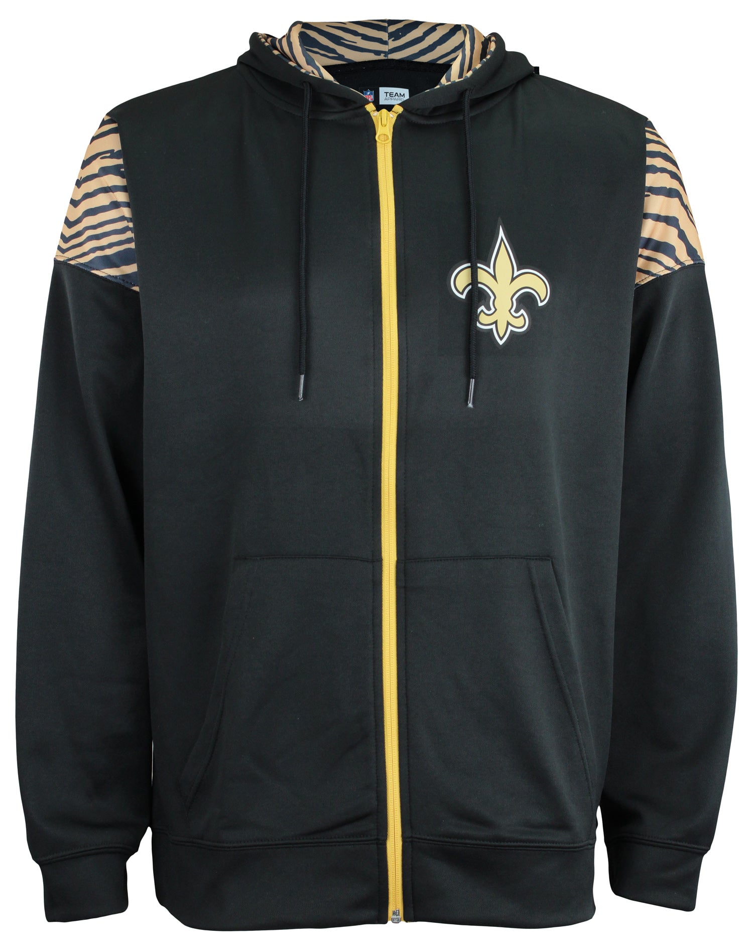 Zubaz Nfl New Orleans Saints Solid Team Color Full Zip Hooded Fleece Poly Sweater With 2-Color Zebra Accent X-Large