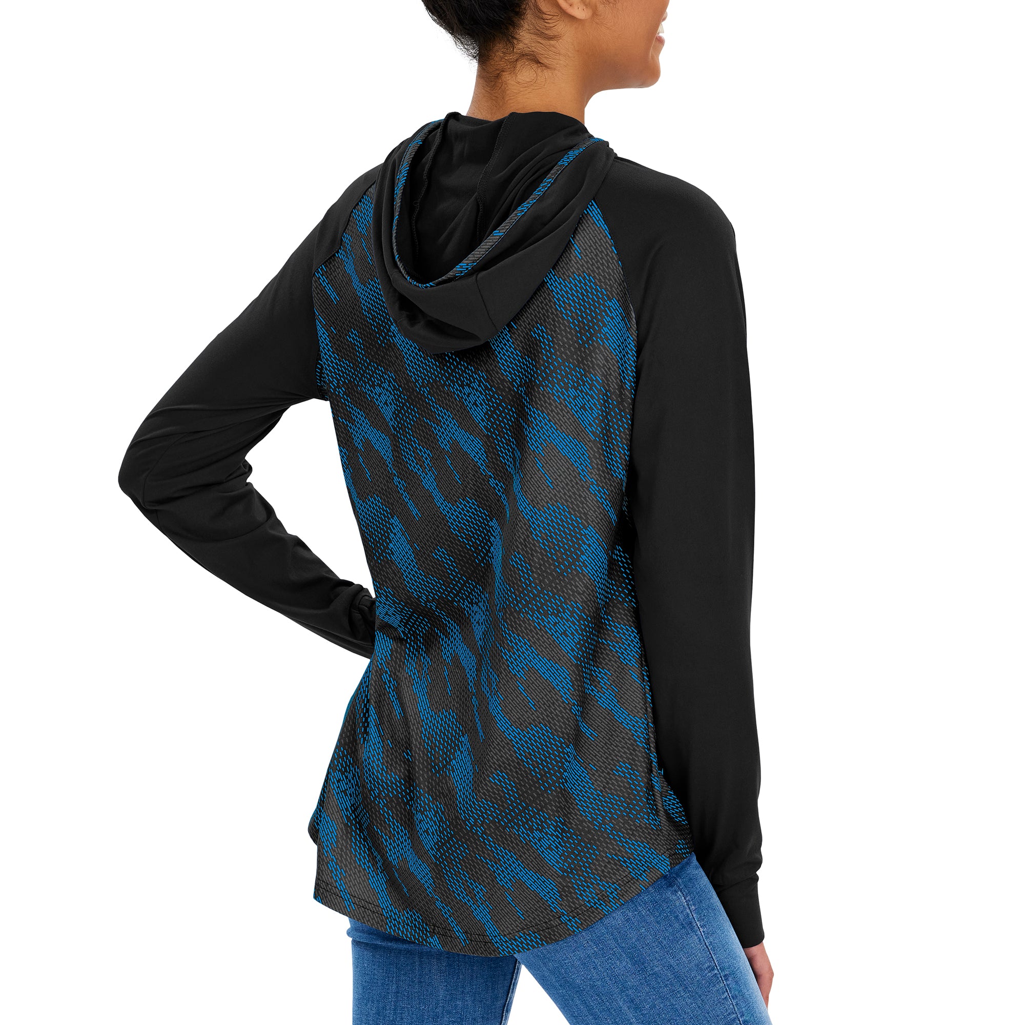Zubaz NFL CAROLINA PANTHERS WOMENS BLACK ELEVATED LW HOOD W/ BLACK/FLUORESCENT BLUE VIPER PRINT BACK LG
